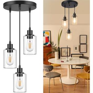 MAXvolador Industrial 3-Light Pendant Light, Adjustable Hanging Light Fixture with Clear Glass Shade, Pendant Lighting E26 Base Ceiling Lamp, Black