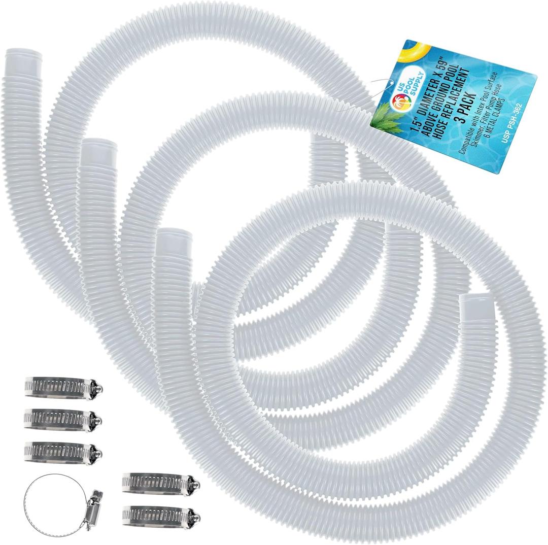 U.S. Pool Supply Above Ground Pool Hose Replacement 1.5" Diameter x 59" Long, Pack of 3, White - Compatible with Intex Pool Surface Skimmer, Filter Pump Hose - 6 Metal Clamps