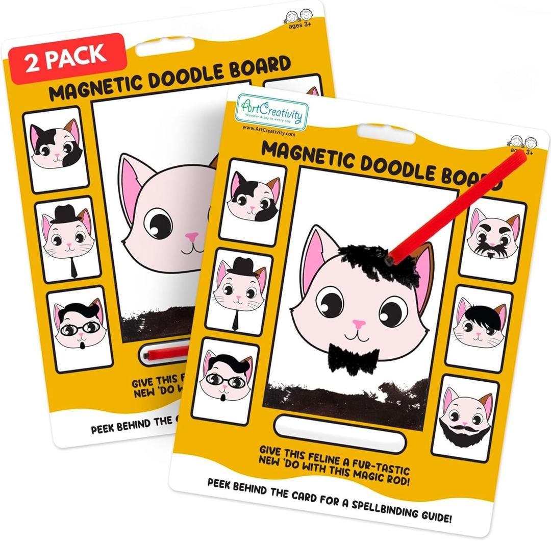 ArtCreativity Cat Magnetic Doodle Face - 2 Pack - Vintage Retro Toys, Travel Toys for Kids, Magnet Drawing Doodle Board for Kids - Magnetic Toys Game, Travel Essentials Games for Ages 3+