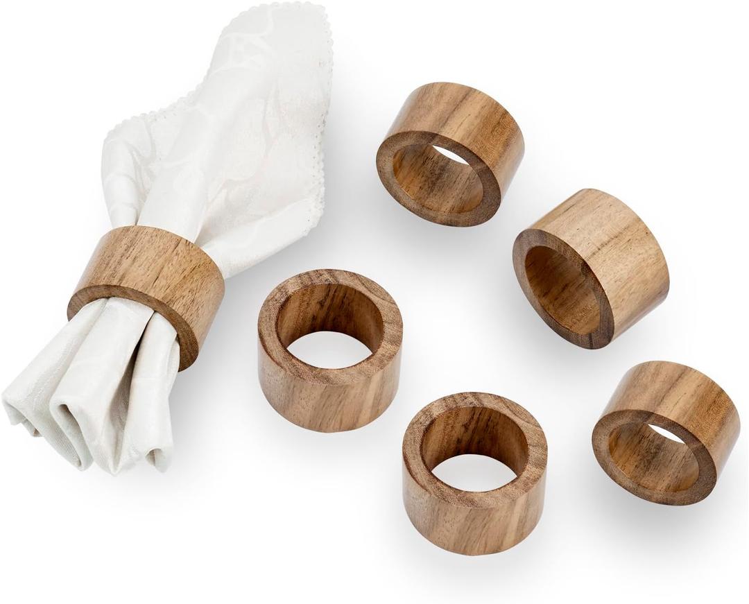 MyGift Rustic Natural Solid Acacia Wood Rings for Cloth Dinner Napkins, Decorative Napkin Holders for Dining Serviettes, Set of 6 - Handcrafted in India