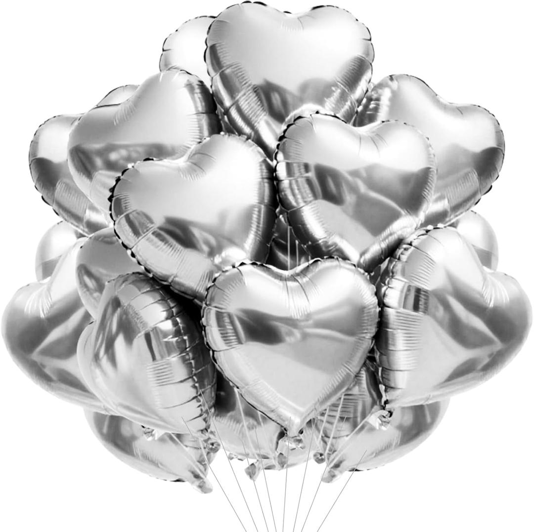 TONIFUL 30Pcs 18 Inch Silver Heart Balloons Silver Heart Shape Foil Mylar Balloons Decoration for Birthday Valentine's Day Wedding Bridal Shower Anniversary Engagement Party Supplies