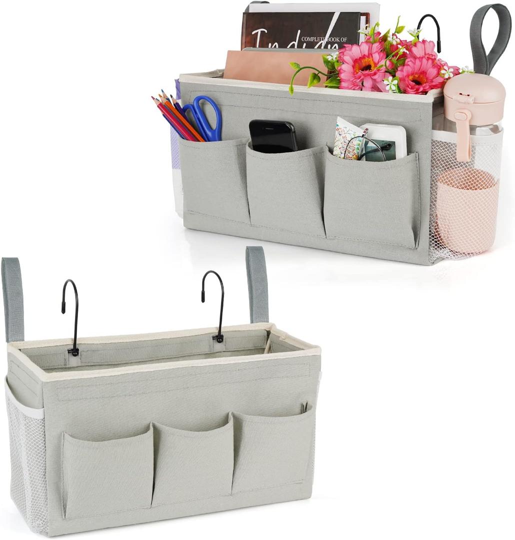 Lilithye Bedside Caddy Organizer with Fixed Straps & Water Bottle Holder for Home, College Dorm, Bunk Bed, Hospital & Crib Bed Rails (2 pcs, Grey)