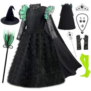 RuuYiicoco 11Pcs Witch Black Costume Dress for Girls Halloween Set with Hat Cape Boom Size 150