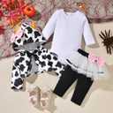 fioukiay Baby Girl Halloween Animal Outfits Infant Long Sleeve Romper Tutu Pant With Hooded Coat 3PC Clothes Set (6-12 Months, White Cow)