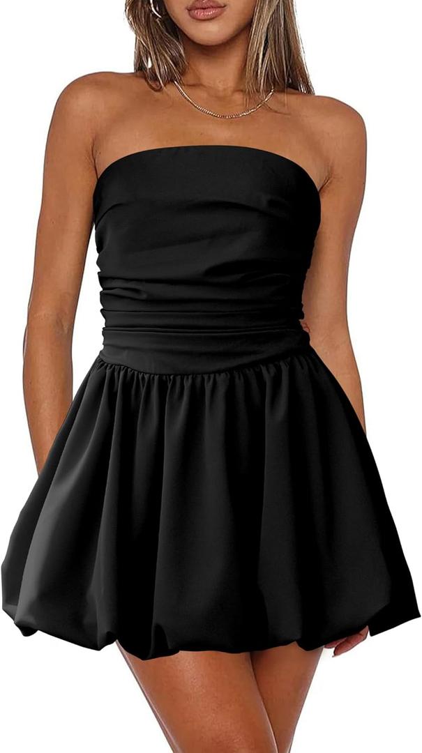 Women's Strapless Tube Top Bubble Mini Dress Ruched Bow Back Dresses Party Cocktail (Black, X-Large)