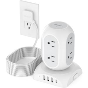 TESSAN Surge Protector Power Strip Tower, Flat Plug Extension Cord 10 Ft with 8 AC Multiple Outlets 4 USB Ports (1 USB C), 1050J Protection Desk Charging Station for Home, Office Supplies, Dorm Room (Square Bottom, Grey)