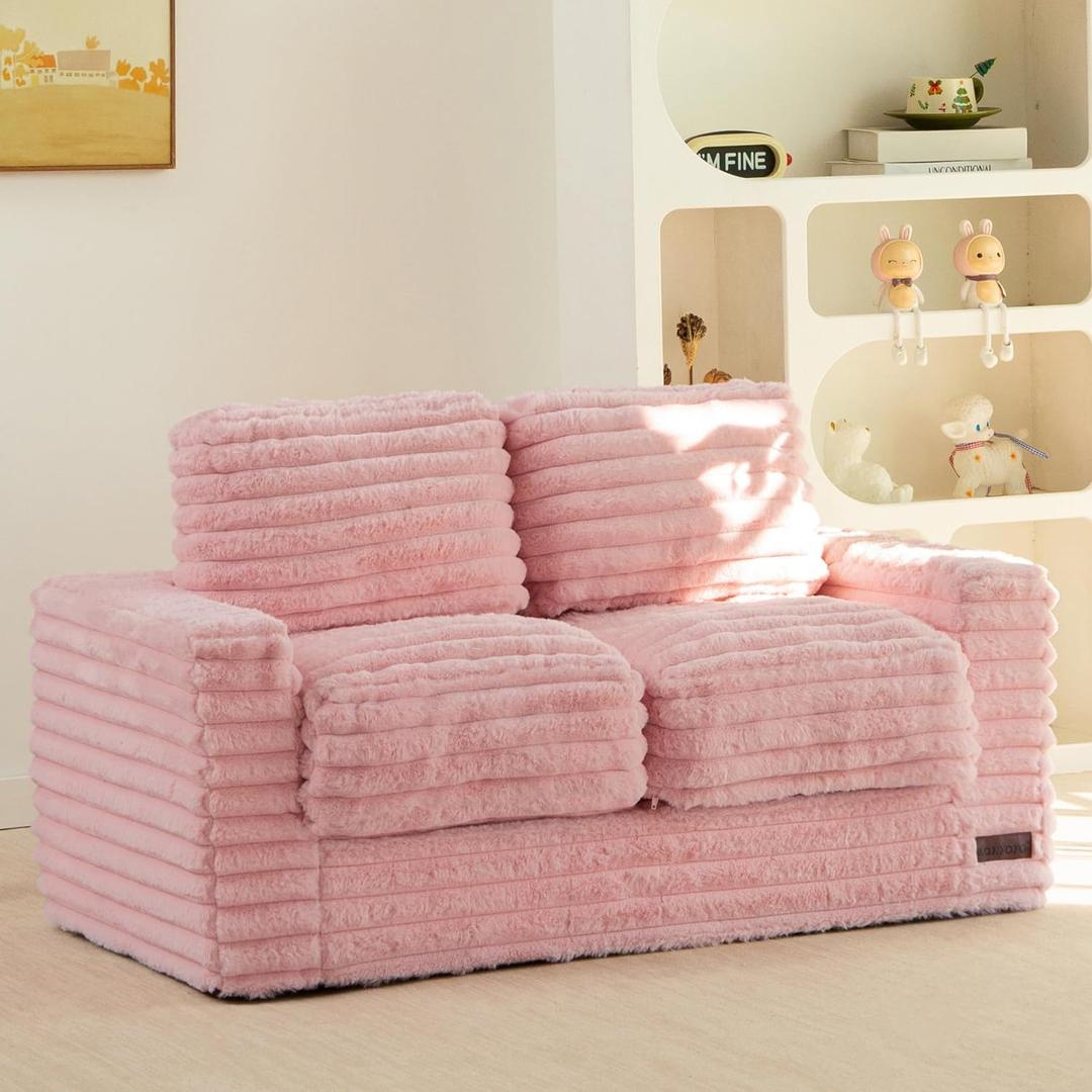 MAXYOYO Extra Wide Kids Bean Bag Chair, Comfy Faux Fur Bean Bag Sofa with Filler, Upholstered Floor Sofa with Pillows and Armrests, Lazy Floor Chair Couch for Boys and Girls, Striped Pink, 2-Seats