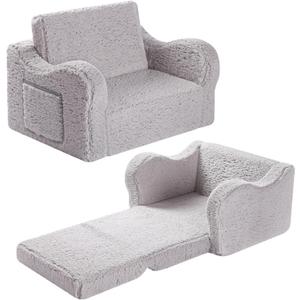 MOMCAYWEX Kids Sofa, 2-in-1 Flip-Out Foam Couch with Soft Sherpa Cover, Cozy Play Lounge Chair, Grey
