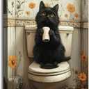Funny Bathroom Cat Canvas Wall Art Cute Black Cat Get Toilet Paper Sitting on Toilet Painting Picture Wall Decor Poster Print Artwork for lavatory Home Decoration