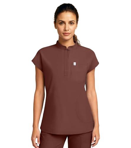 Medical Scrub Tops for Women - Mandarin Collar, Relaxed Fit, 4-Pocket Design, Shirttail Hem, Soft Stretch Scrub Shirts and Pants Brown Medium