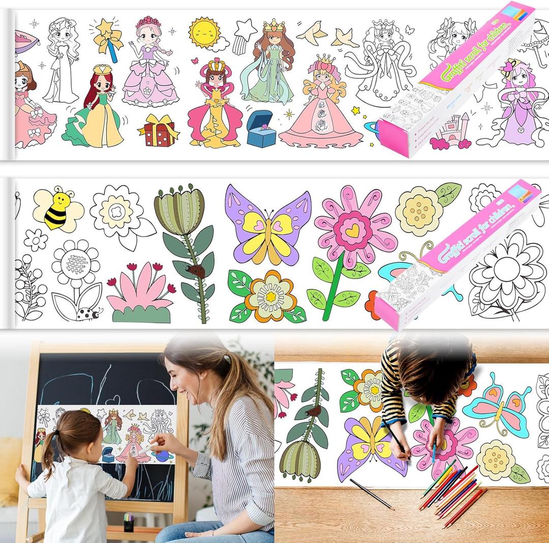 2PCS Children's Drawing Roll，Coloring Paper Roll for Kids Gift, 120 * 11.8 Inches DIY Painting Drawing Paper Roll, Sticky Drawing Paper Roll, Early Educational Toys for Kids (Princess Flower)