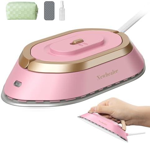 Newbealer Travel Iron with Global Voltage, 100-240V Mini Dry Iron for Clothes (No Steam), Max 300W, 60s Heat Up, 302℉ Non-Stick Ceramic Soleplate, 0.8lbs Ultra-Lightweight (Pink)