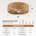 Caged Rattan Ceiling Fans with Lights,Boho Flush Mount Ceiling Fan with Light,Wicker Cage Ceiling Light Fixture,4-Light Farmhouse Bohemian Ceiling Lamp for Kitchen Bedroom Hallway