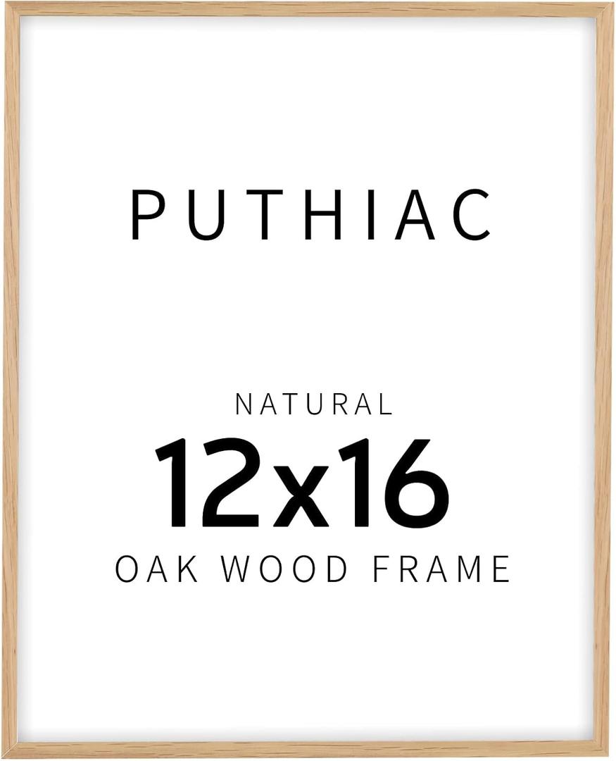 puthiac 12x16 Solid Oak Wood Picture Frame, Fits 8x12 with Mat or 12x16 Without Mat, Wall Display Only, Vertical or Horizontal, Plexi Front, 1 Pack, Natural Oak