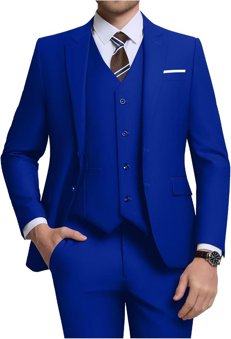 Men's 3 Piece Slim Fit Suit Set, Two Button Blazer Solid Jacket Vest Pants Wedding Business Suit (5X-Large, Royal Blue)