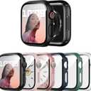 6 Pack Case with Tempered Glass Screen Protector for Apple Watch SE (2023 New)/6/SE/5/4 44mm, Ultra-Thin Scratch Resistant Full Protective Hard PC Bumper Cover for iWatch 44mm Accessories (Black/Clear/Rose Gold/Pink/Blue/Green)