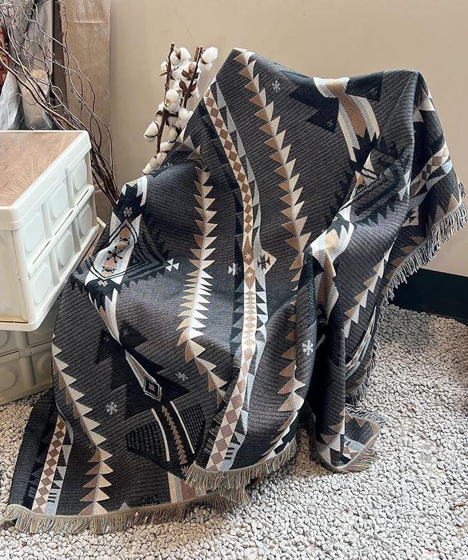 Aztec Throw Blanket 51"x63" for Sofa Couch Chair Bed, Reversible Cotton Western Blanket with Tassel, Black and White Boho Blanket Southwestern Tapestry Home Decor Travle Camping Blanket
