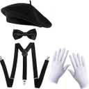Kids Mime Artist Accessories 4Pcs with Beret Hat Suspender Scarf Gloves