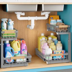 1 Packs 2 Tier Grey Under Sink Organizer,Under Sink Organizers and Storage, Slide Out Pull Out Cabinet Organizer Shelf, Metal Sliding Drawer for Kitchen Bathroom Cabinet Organization Rack (Gray)