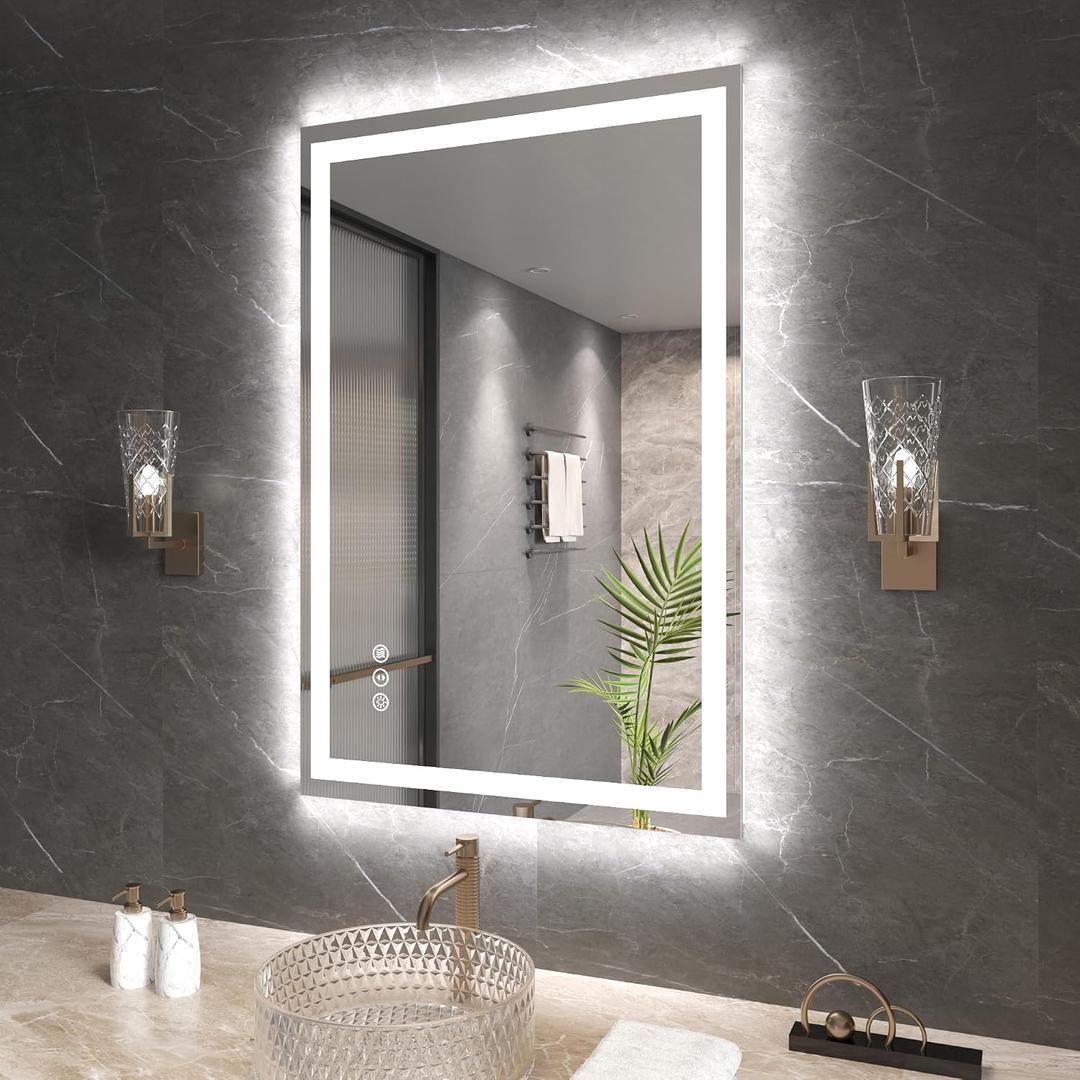 Snowdool 24"X36" LED Bathroom Mirror with Front Lights and Backlit, Anti-Fog, Dimmable, Shatter-Proof Tempered Glass, Lighted Bathroom Vanity Mirror for Wall with 3 Colors, Memory Function