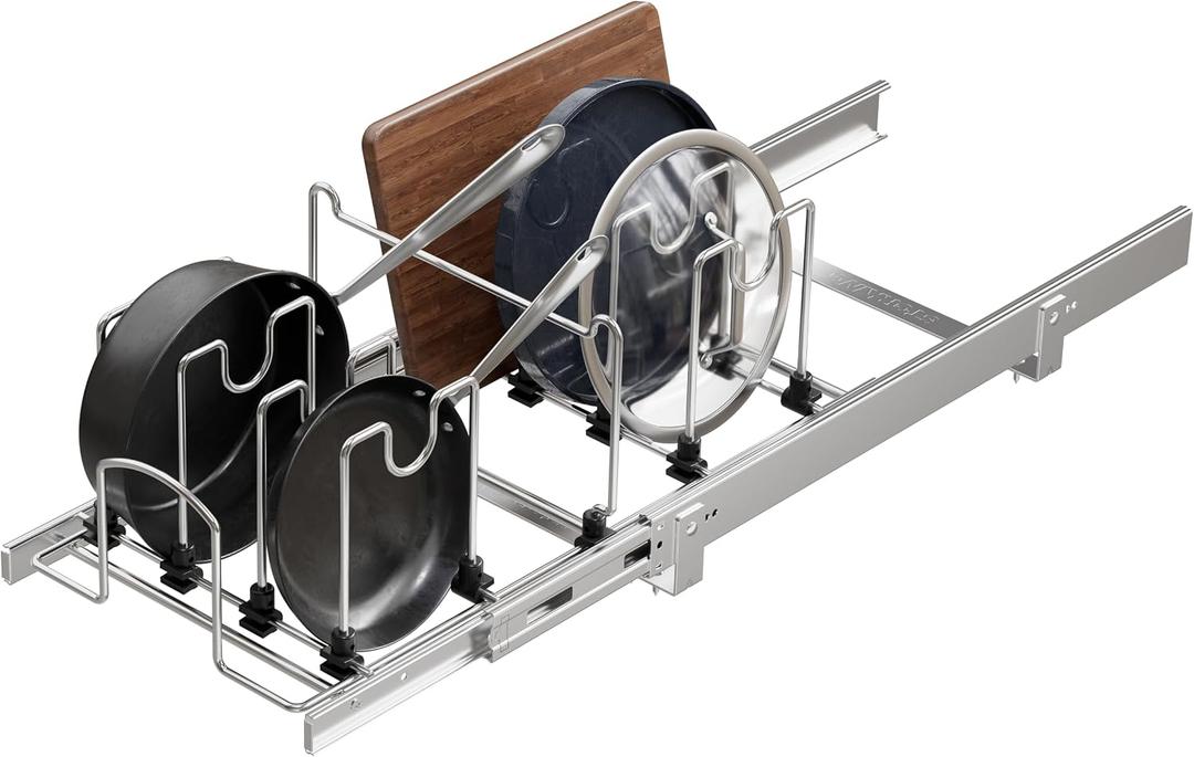 Pull Out Pots and Pans Organizer Under Cabinet, Sliding Adjustable Pot Rack with 9 Adjustable Dividers, Chrome-Plated Pot and Pan Holder Rack, Full-Extension Rail for Kitchen Organization 12" W*22" D