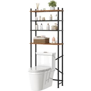 HOOBRO Over The Toilet Storage, 4-Tier Over Toilet Bathroom Organizer, Freestanding Above Toilet Shelf with Adjustable Feet, Space Saving, Easy to Assemble, Rustic Brown and Black BF64TS01, 25"L x 8.7"W x 67.7"H