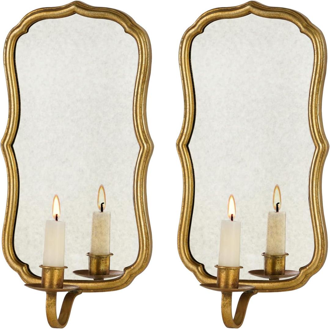 NIKKY HOME Gold Mirrored Wall Candle Holder Set of 2 - French Antique Wall Sconces for Taper Candle - Elegant Metal Hanging Candlestick Decor for Living Room, Bathroom