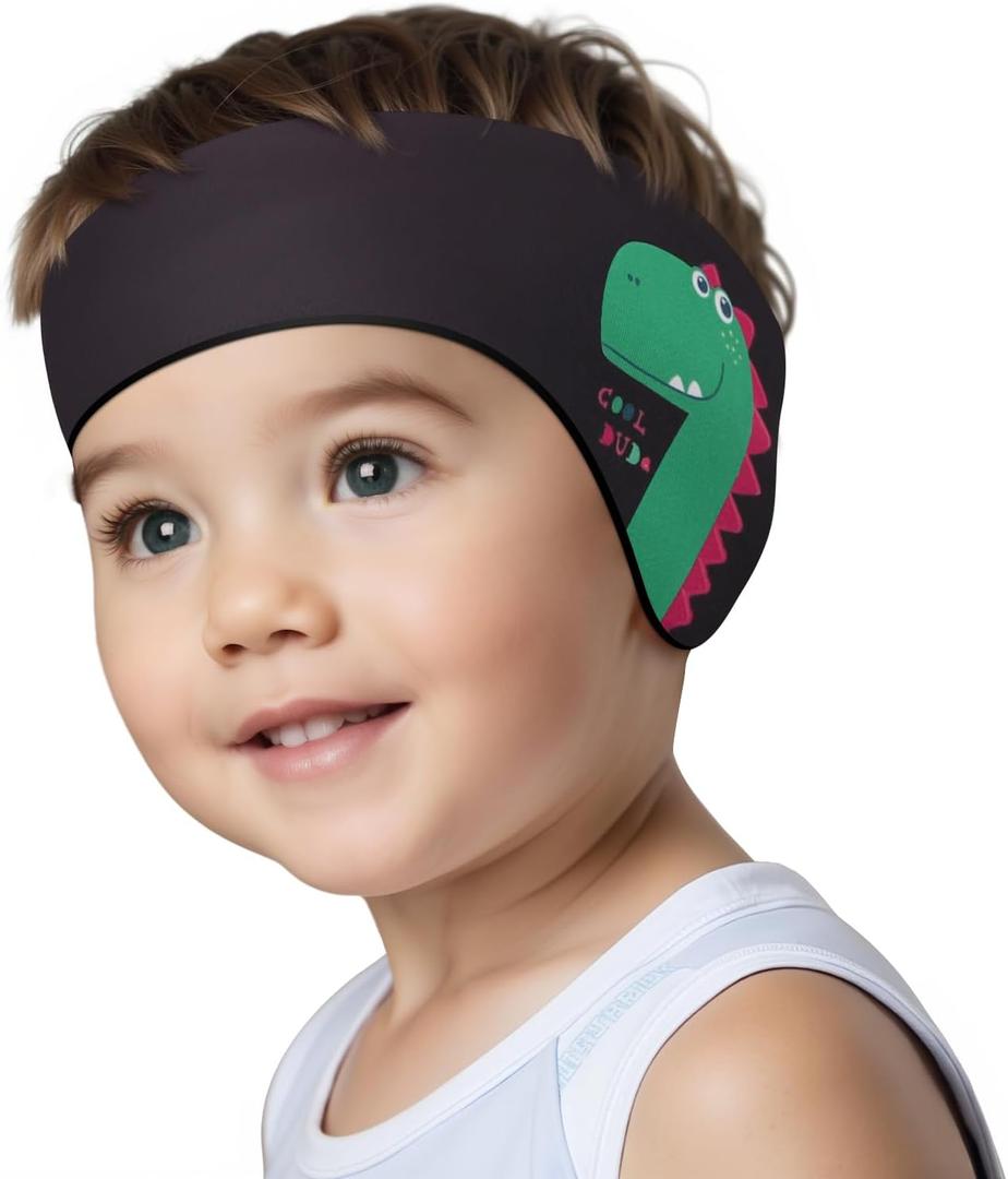 HeySplash Swimming Headband, Swimming Earplugs Ear Band Swimmer Ear Protection Kids Ear Plugs, Elastic Neoprene Ear Guard and Hair Guard for Kids & Toddlers, Keep Water Out and Hold Earplugs in (Black Dinosaur)