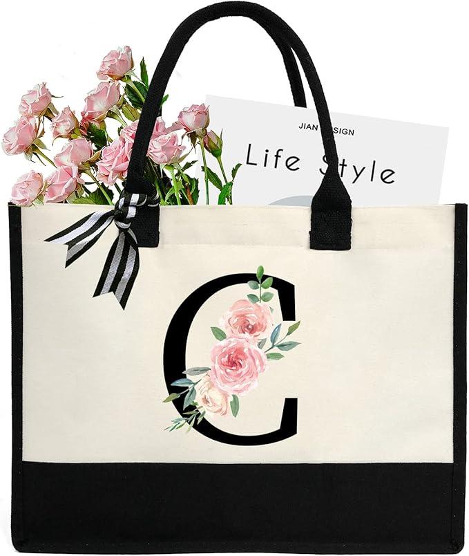 Mothers Day Gifts for Women Birthday Gifts for Women Large Initial Canvas Tote Bag Makeup Bag Beach Travel Shopping (Black Letter Pink Floral)