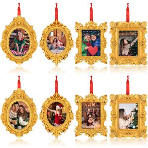 8 Pcs Mini Picture Frame Ornament for Christmas Tree Gold Vintage Photo Frames Antique Resin Oval Rectangle Tiny Ornamental with Hook and Ribbon for Xmas Tree Wall Decor (Classic)
