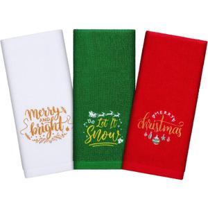 3 Pack Christmas Hand Towels 100% Cotton Large Size 25 x 14 Inch Christmas Theme Embroidery Towels for Christmas Home Bathroom Kitchen Decor (Red, Green, White)