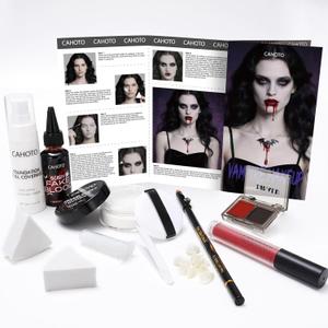 Halloween Vampire SFX Makeup Kit, Complete Makeup Set Include White Liquid Foundation, Vampire Teeth Fangs, Fake Blood, Setting Powder, Eyeshadow & Black Lipstick for Cosplay, Carnival