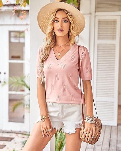 Arach&Cloz Women's Lightweight Fall Sweater Tops Casual Short Sleeve Blouses Shirts, L