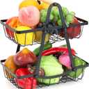 2 Tier Fruit Basket, Detachable Metal Fruit Bowl Holder Vegetable Basket Stand with Wood Handle for Kitchen Counter, Large Capacity Fruit Storage Stand Organizer for Produce Bread Snack, Black