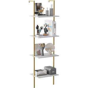 Wolawu Ladder Shelf 4 Tiers Metal Industrial Bookshelf,White Marble Wood Tall Open Storage Rack and Display Shelves,Wall Mount Wide Book Case for Home Office Bedroom,Small