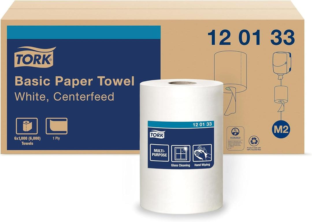 Tork Centerfeed Paper Wiper White M2, High Absorbency, 6 x 1000 Sheets, 120133
