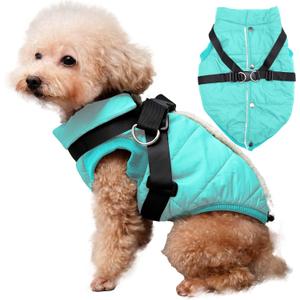 Dog Jacket with Harness,Fleece Lined Warm Puppy Coat for Winter,Soft Windproof Small Dog Vest,Bluegreen XS