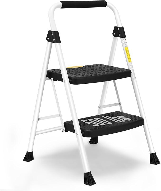 SocTone 2 Step Ladder, Folding Step Stool for Adults with Handle, Lightweight, Perfect for Kitchen& Household, 500lbs Capacity Sturdy Steel Ladder, White