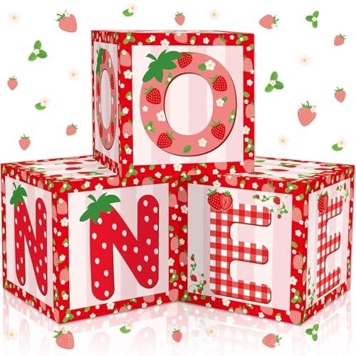 chiazllta 3Pcs Strawberry 1st Birthday Party Decorations Supplies Strawberry Themed One Balloon Boxes Backdrop Blocks Decor Berry First Red One Birthday Party Decoration for Kids Girls Baby Shower