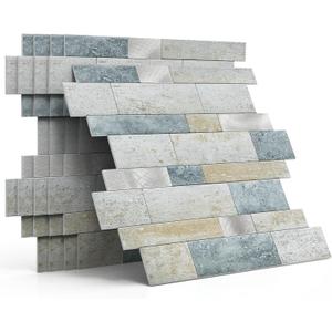 MOFIT Backsplash Tile for Kitchen Peel and Stick Stone Matte Finish,Bathroom Tiles Stickers 3D Wall Panel Linear Mosaic Marble Backsplash Waterproof(10sheets,Blue Green Gray)