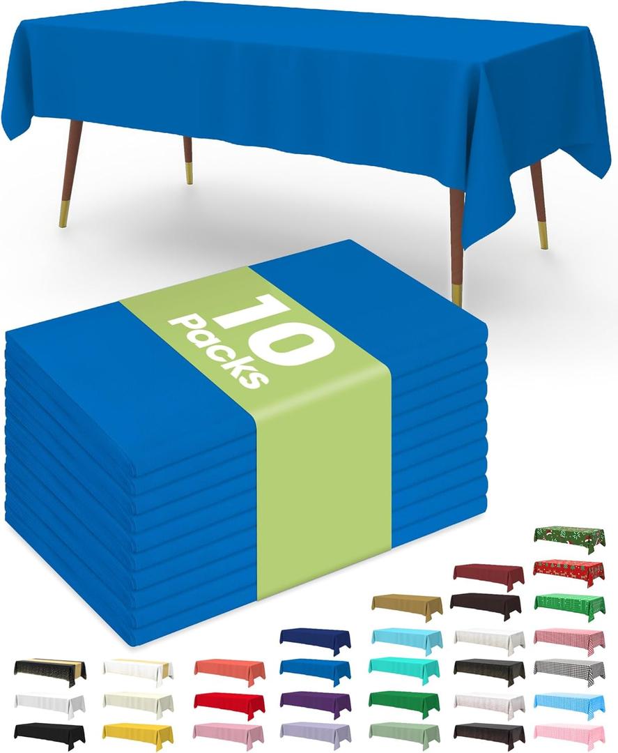 Pureegg Plastic Table Cloth Disposable 10 Pack, 54 x 108 Inch Table Cloths, Patriotic Decorations, Thanksgiving, Veterans Day Tablecloths, Rectangle, Plastic Cover, Leakproof & Sturdy, Blue