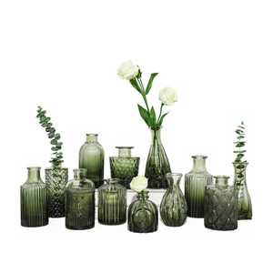 12pcs Green Glass Bud Vases Set, Small Vases for Flowers, Bud Vase for Centerpieces in Bulk, Mini Vintage Vase for Wedding Decorations, Office and Home Table Flower Décor