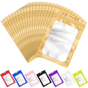 ANZNKU 100 PCS Resealable Mylar Bags with Frosted Clear Window Packaging Bags Foil Pouch Zipper Bag for Food Self Sealing Storage Supplies (3.14x5.11, Light Gold)