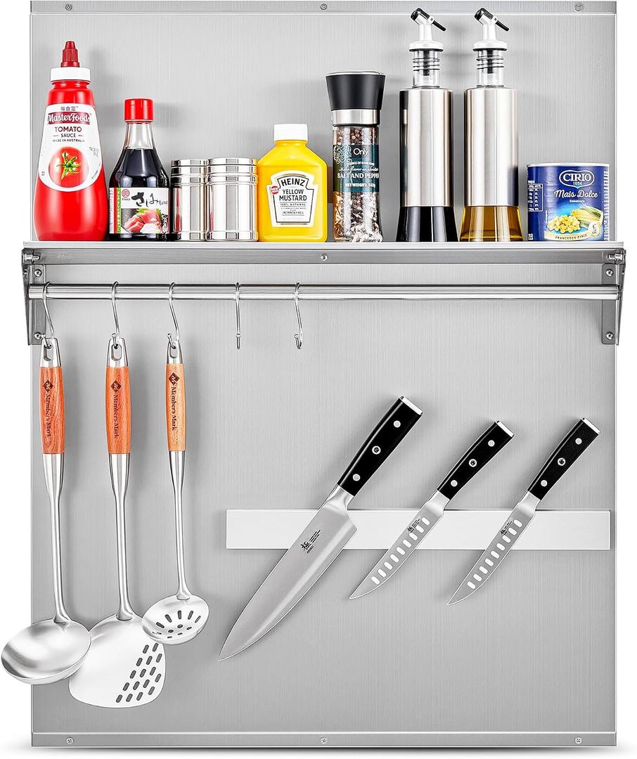 Wilprep Range Backsplash, 24"x30" Stainless Steel Backsplash with Storage Shelf & Magnetic Knife Rack, Range Hood Stainless Steel Backsplash for Stove, Range Hood Wall Shield with Pre-Drilled Holes