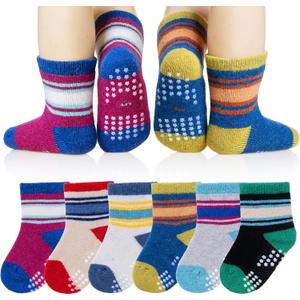 Eyean Baby Wool Grip Sock Soft Winter Warm Thick Non Slip Toddler Boy Girls Crew Socks For Children 6 Pairs (Stripe E, 1-3 Years)