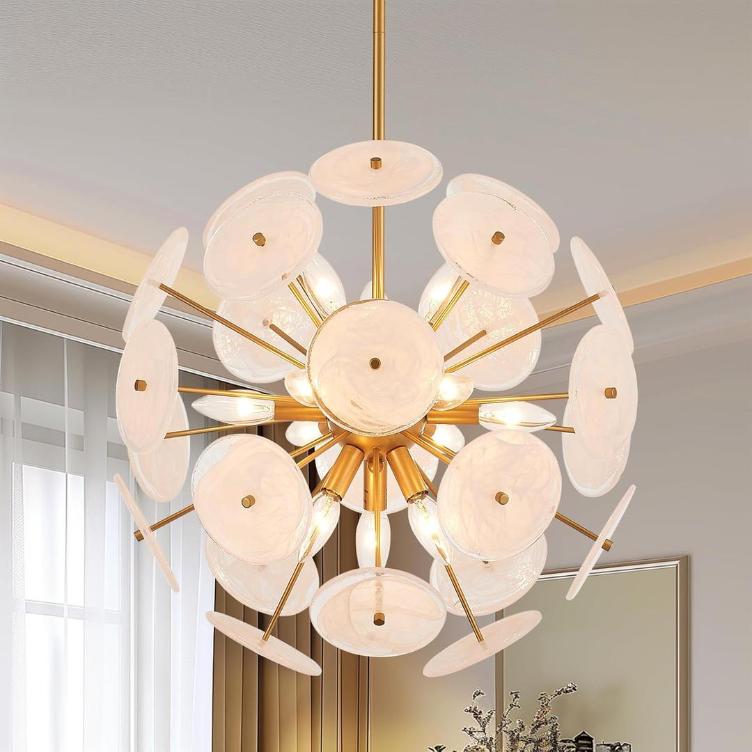 12-Light Sputnik Pendant Light Gold Finish, Modern Glass Chandelier for Dining Room, Vintage Hanging Light Fixture for Bedroom Entryway Kitchen Foyer