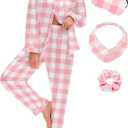 EPLAZA Silk Pajamas for Women Satin Pajamas Set 5 Pcs Long Sleeve Print Pattern Button Down Pjs Sleepwear Loungewear Set (Pink White Plaid, S)