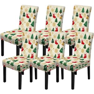 FOREVER QUEEN 6Pcs Merry Christmas Chair Covers Classic Winter Pattern Xmas Tree Sock Washable Chair Back Protector Slipcovers for Home Kitchen Hotel