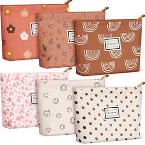 Sanwuta 6 Pcs Makeup Bag for Women Large Cosmetic Pouch Corduroy 10 x 7 Inch Large Capacity Makeup Bags Canvas Cosmetic Bags with Zipper Travel Toiletry Accessories Organizer for Women Girls(Assorted)