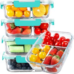 KOMUEE Glass Meal Prep Containers 3 Compartments, 5 Pack 36 oz, Glass Food Storage Containers with Lids, Airtight Lunch Bento Box, Portion Control, Freezer and Microwave Safe, Green